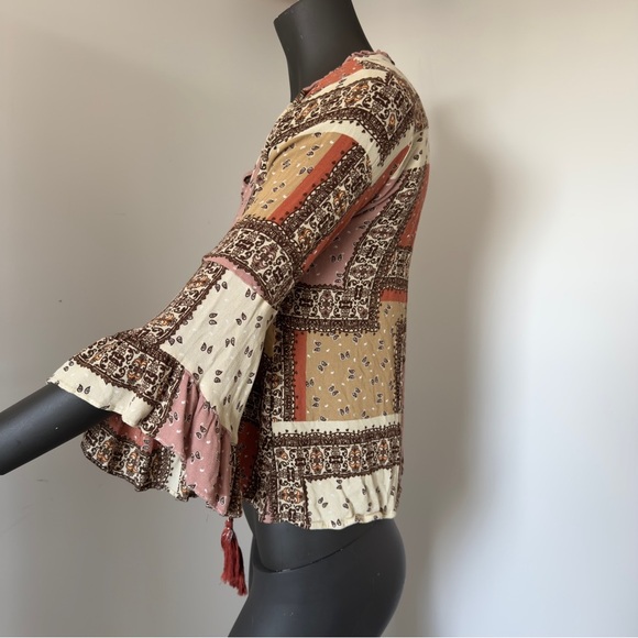 Mystree Boho Patchwork Tassel Tie Blouse – Size Small – 100% Rayon - Picture 3 of 7